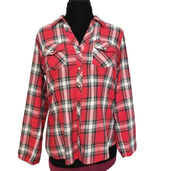 Red Plaid Button Down Pocket Collared Long Roll Tab Sleeve Top Large - Picture 1 of 9